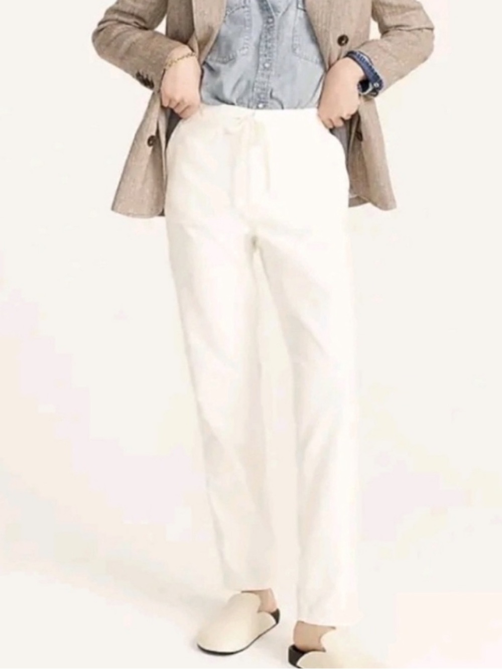 J. Crew Tie Waist Twill Camp Pant Off White Cream Natural Large Petite